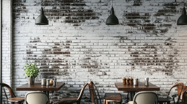 Distressed painted brick wall in modern cafe interior