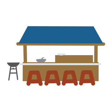 Traditional Indonesian street food stall or angkringan vector illustration with blue roof and red stools.