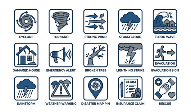 Hurricane Natural Disaster Problem Icons Set in Modern Flat Line Style EPS10