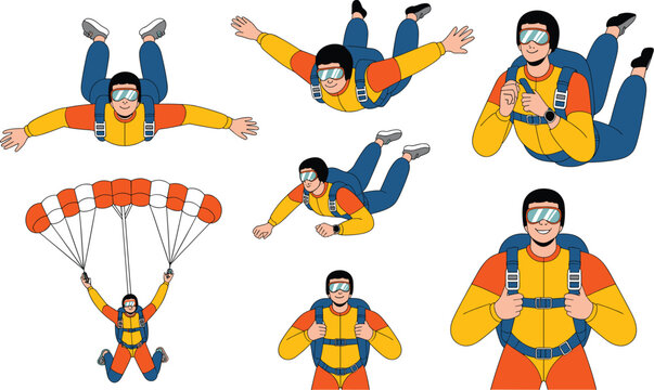 Skydiving Skydiver Vector Character Set with Extreme Sport Parachutist Poses Parachute Flying Freefall and Paragliding Elements for Adrenaline Adventure Travel Designs