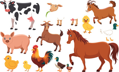 Obraz premium Cute Cartoon Farm Animals Vector Character Set with Cow Horse Pig Goat Sheep Rooster Duck and Chicken Elements for Children Book Nursery and Sticker Designs