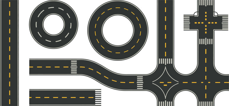 road intersection icon with circular lanes, dashed lines, and traffic lane design for maps