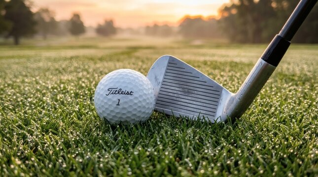 Golf ball and club on lush green grass at sunrise with soft lighting perfect for Women&rsquo;s Golf Month