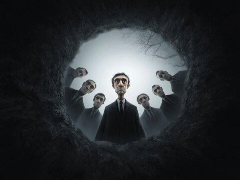 Anxious man looks up from dark hole, observed by others