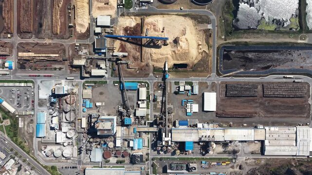 Top-down aerial view of Arauco cellulose pulp mill in Constitucion, Chile.