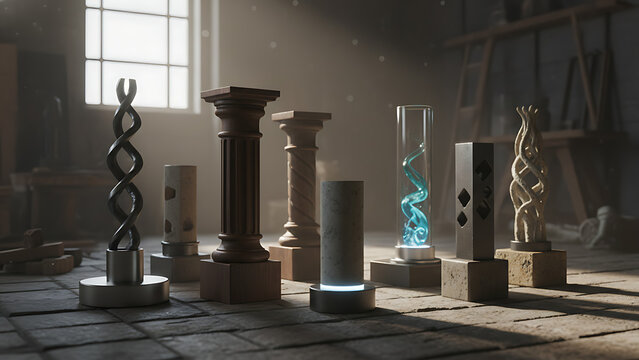 Collection of diverse architectural balusters and decorative railing spindles with ornamental stands for classical staircase design and interior home construction projects on white background.