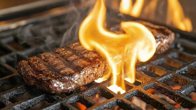 Juicy grilled steak on firelit grill with perfect sear marks