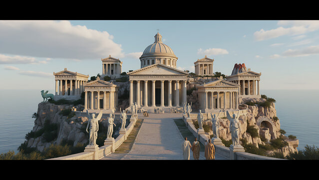 Majestic Ancient Roman and Greek Temple Pantheon Featuring Classic Marble Columns and Statues of Mythical Gods Under a Clear Blue Sky Symbolizing History and Classical Architecture
