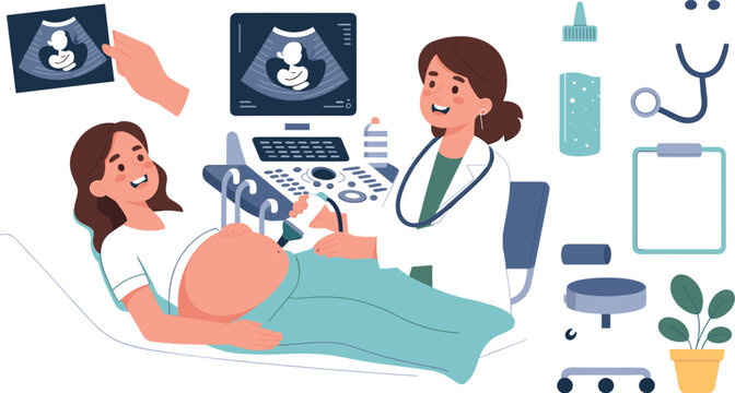 Pregnant Woman Ultrasound Vector Set with Female Doctor Performing Sonogram Diagnostic Scan Stethoscope Clipboard and Medical Equipment Elements for Pregnancy Healthcare Illustrations