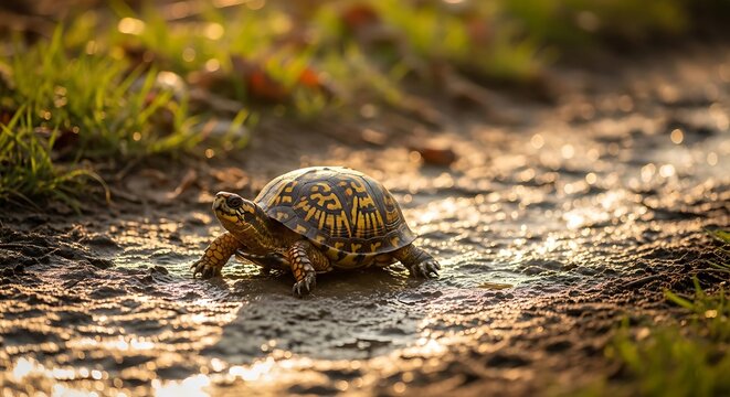 Box turtle crawling on a wet muddy path during golden hour