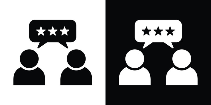 Customer feedback icon showing two people sharing a three-star rating speech bubble. Ideal for review, satisfaction, and testimonial designs.