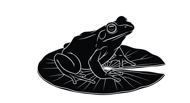 Frog on lily pad silhouette graphic black and white vector illustration