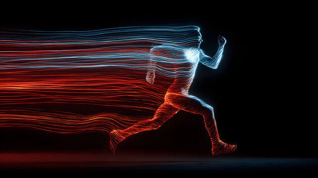 Glowing light trail runner motion blur energy lines neon silhouette speed streaks dynamic movement digital art red and blue lighting athletic posture