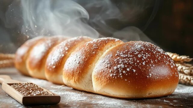 Freshly baked loaf of bread with wheat stalks and flour dusting