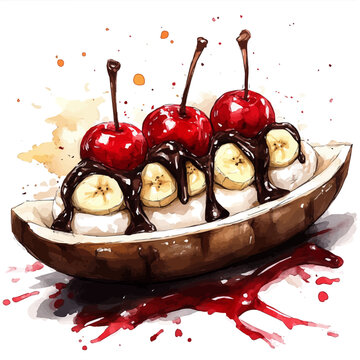 Banana Split, watercolor illustration vector, isolated on a white background.