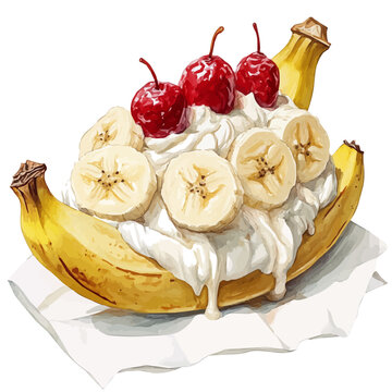 Banana Split, watercolor drawing vector, isolated on a white background.