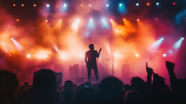 Musician performs on concert stage with crowd silhouette
