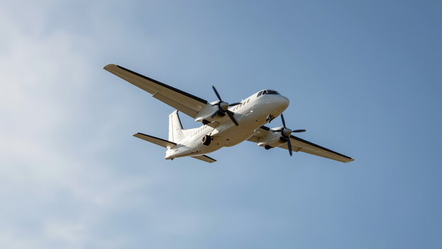 Twin-Engine Propeller Airplane in Dramatic Ascent &ndash; Low-Angle Flight Shot Against Clear Sky for Airfare Promotions and Travel Marketing