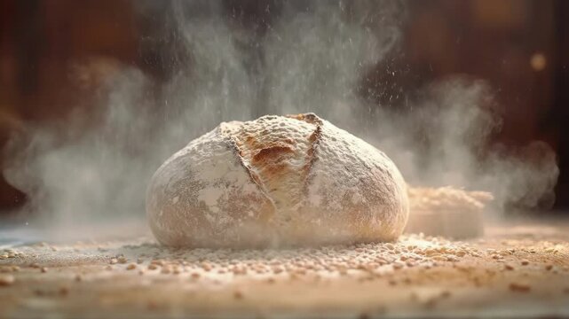 Freshly baked artisan bread with flour dusting and wheat grains in rustic setting