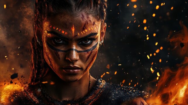 Portrait of fierce warrior queen with battle scars and fire