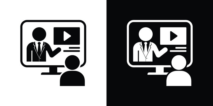 Online learning icon showing a person watching a video lecture on a laptop. Perfect for e-learning, webinars, and digital training concepts.