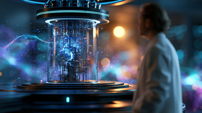 Quantum scientist in a cryogenic laboratory standing by a quantum computer with shimmering particles and probability waves in a mysterious futuristic advanced scene