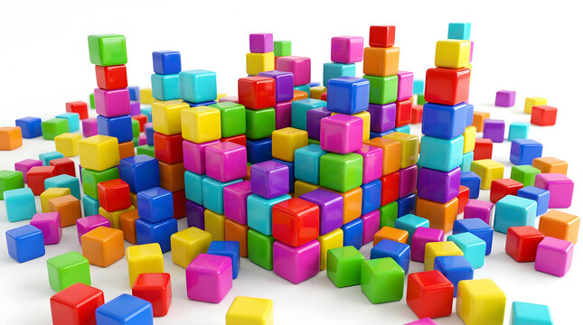 Colorful plastic building blocks pile toy cubes stack