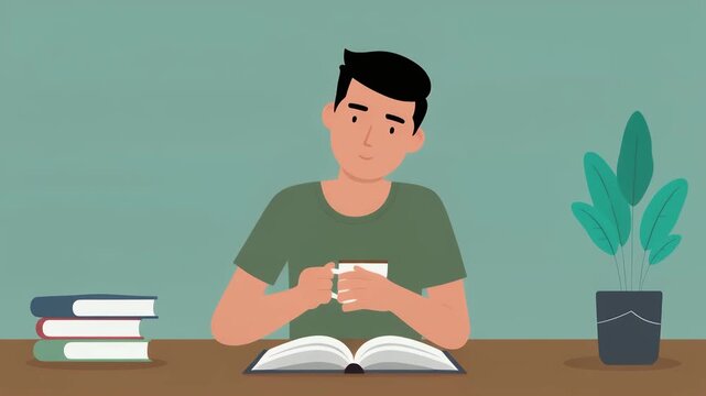 Man sits at desk reading book with cup of coffee and stack of books nearby indoors