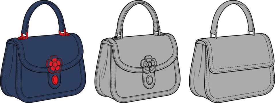 Vector illustration set of elegant female top handle handbags featuring flower hardware closures for manufacturing tech pack template