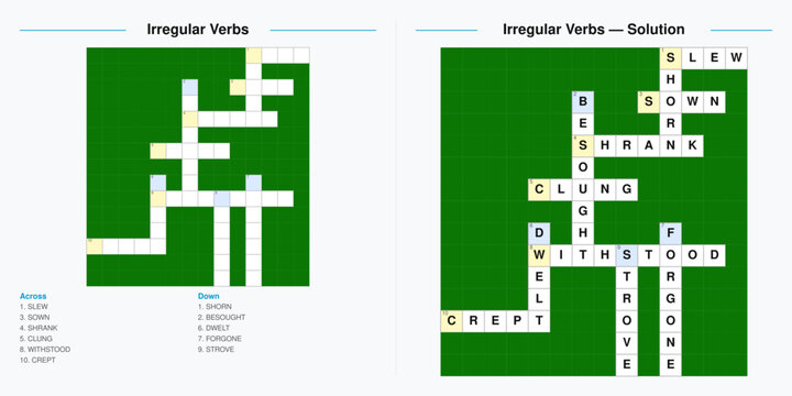 Irregular Verbs Crossword Puzzle Worksheet. English Grammar Vocabulary Game. Printable Activity for Students with Answer Key.