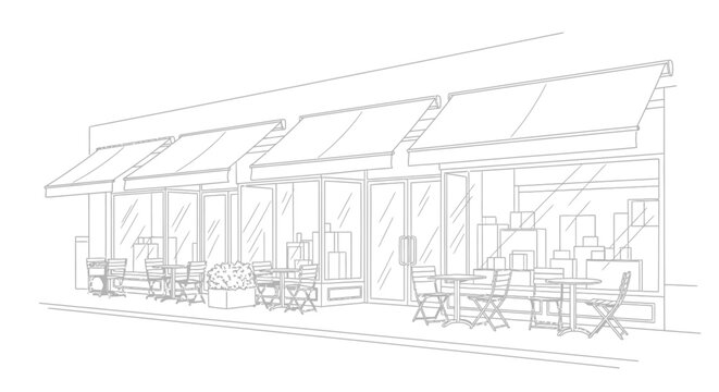 Cafe exterior line art illustration with awnings and outdoor seating