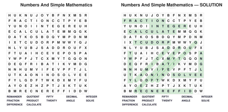 Mathematics Word Search. Educational Vocabulary Practice Worksheet. Printable Puzzle for Students with Answer Key.