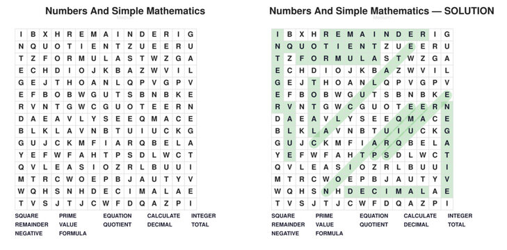 Mathematics Word Search Puzzle. Vocabulary Worksheet for Students. Printable Activity with Answer Key