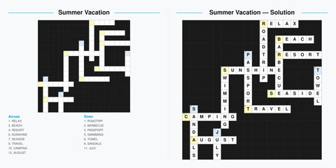 Printable summer travel themed crossword puzzle. A difficult word game worksheet with clues and a solution for recreation and learning © Alex_Kalin