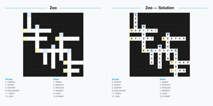 Printable crossword puzzle with a zoo animal theme. Educational word game worksheet with clues and solution