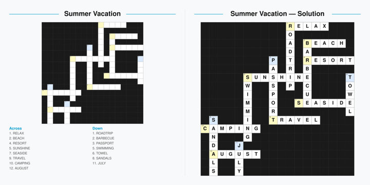 Printable summer travel themed crossword puzzle. A difficult word game worksheet with clues and a solution for recreation and learning