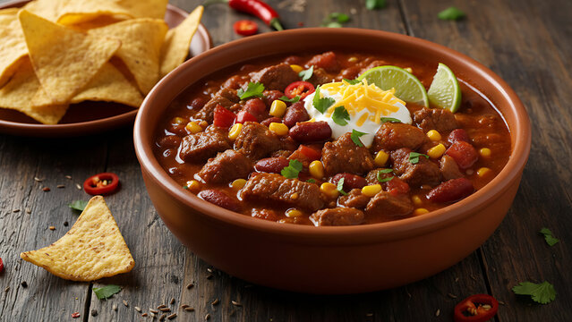Traditional Mexican spicy beef chili con carne stew served in a rustic ceramic bowl accompanied by crunchy corn tortilla chips on a dark textured moody background table.