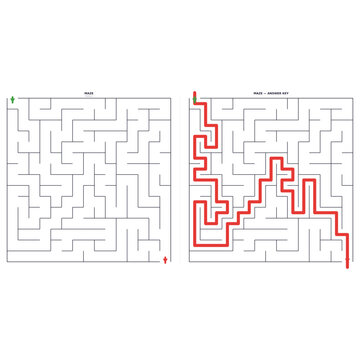 Square maze puzzle with solution. Printable 15x15 grid labyrinth for brain teaser and logic game activity