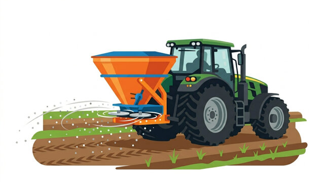 A green tractor with an attached orange fertilizer spreader is actively working on a cultivated field, applying nutrients to the soil for agricultural growth