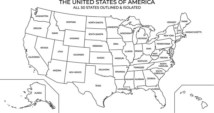 Map of the United States of America with all 50 states outlined and labeled