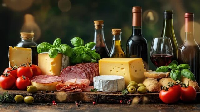 Italian feast with cheeses, meats, fresh herbs, tomatoes, and wine bottles on rustic table