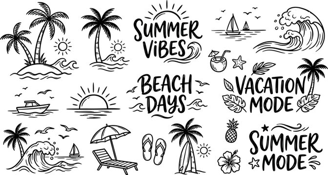 Summer vacation beach icons and phrases in black line art on white background