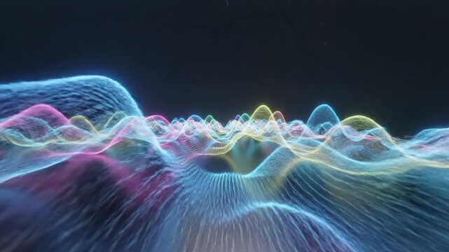 Abstract digital wave forms moving across dark background animation