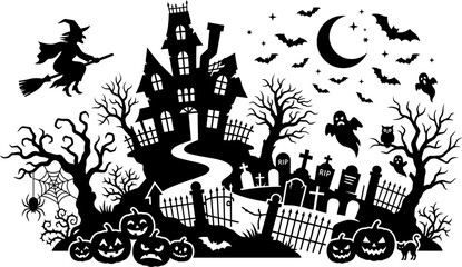 Obraz premium Halloween scene with haunted house witch flying on broomstick and spooky decorations pumpkins bats ghosts trees spider web