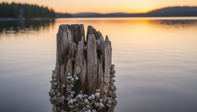 Weathered wooden pier piling encrusted with barnacles at sunset over calm water