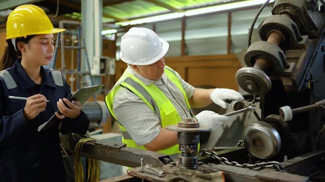 Asian female industrial engineer takes notes while a senior Caucasian mechanic uses a steel wrench to repair heavy machinery inside a factory, showcasing teamwork and plant maintenance safety.
