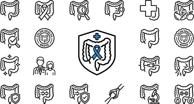 Colon health awareness icons set with blue ribbon shield and colon illustrations