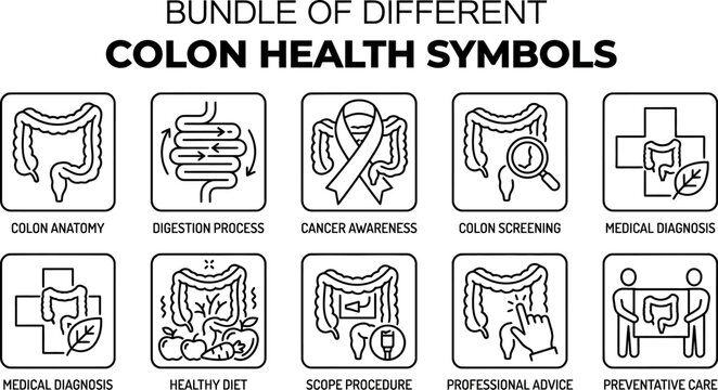 Bundle of different colon health symbols and icons for medical and healthcare concepts