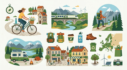 Naklejka premium A collection of flat design illustrations depicting sustainable travel, outdoor activities, and eco-friendly living in charming European villages and natural landscapes