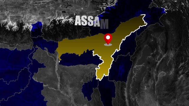 Assam State Spotlight Animation on India Map with Bright Geographic Pin Graphic for Regional News, Travel and Educational Video Projects